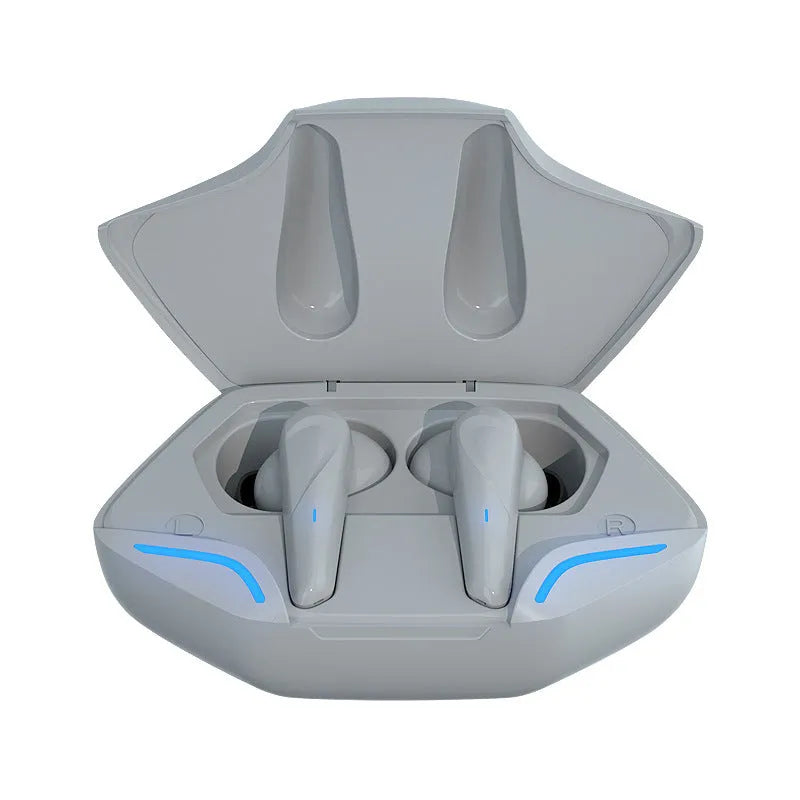 Wireless Bluetooth gaming headset with compact charging case in black, grey, white, or yellow colour options.