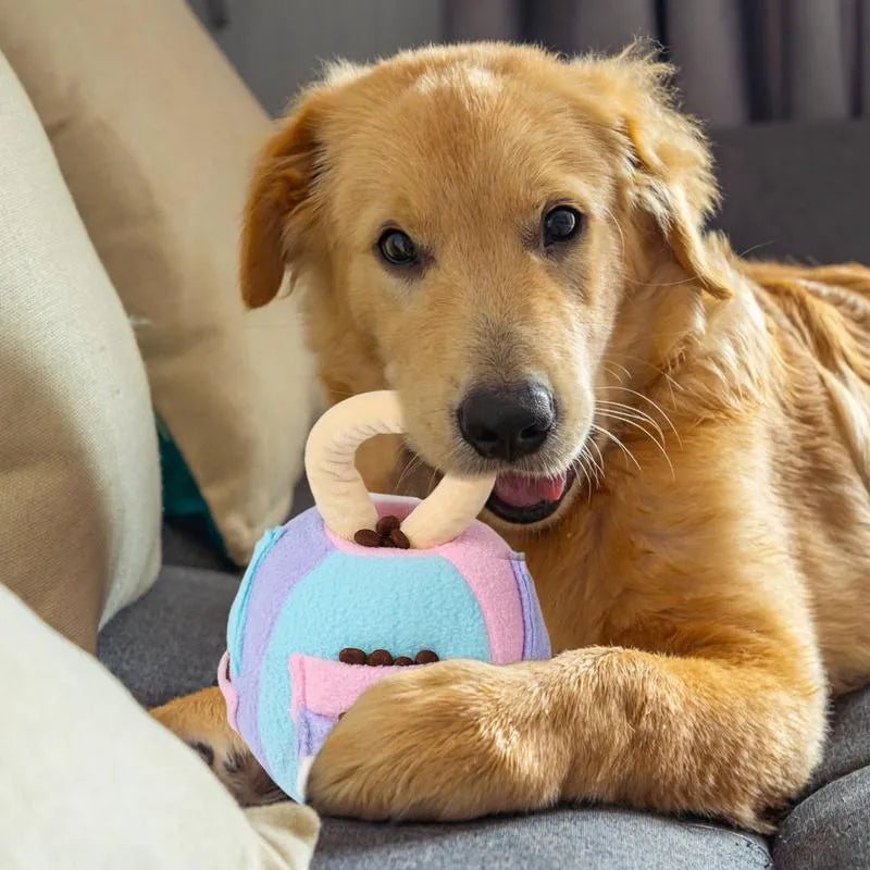 Green and pink polyester squeaky plush ball dog toy with treat pockets for small to medium dogs