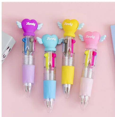 Four-colour press ballpoint pen with cartoon design, showing 0.7mm bullet tip and press-button colour selector.