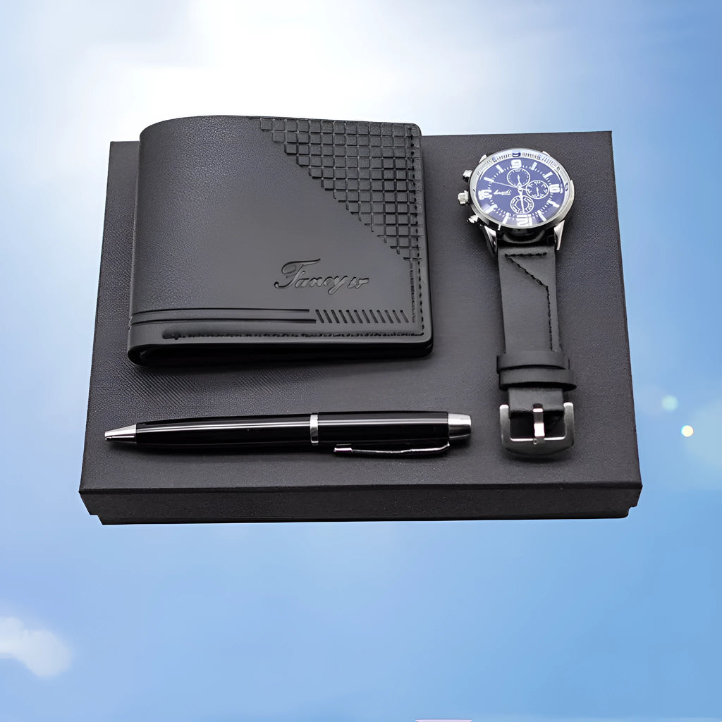 Creative holiday gift set with wallet, pen, and watch in black or brown modern simplicity styling