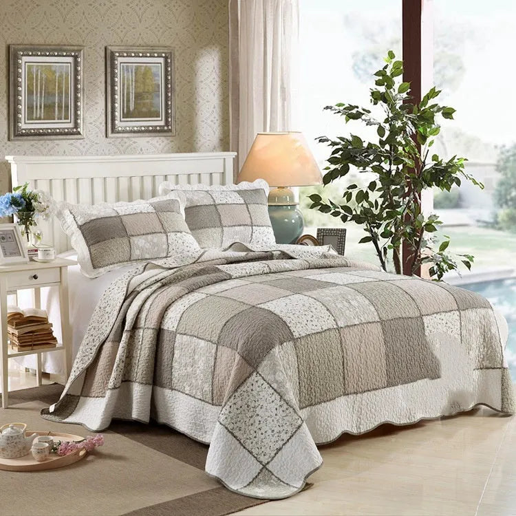 Washed pure cotton quilted three-piece bed set showing bedspread and pillowcases in a chosen colour pattern.