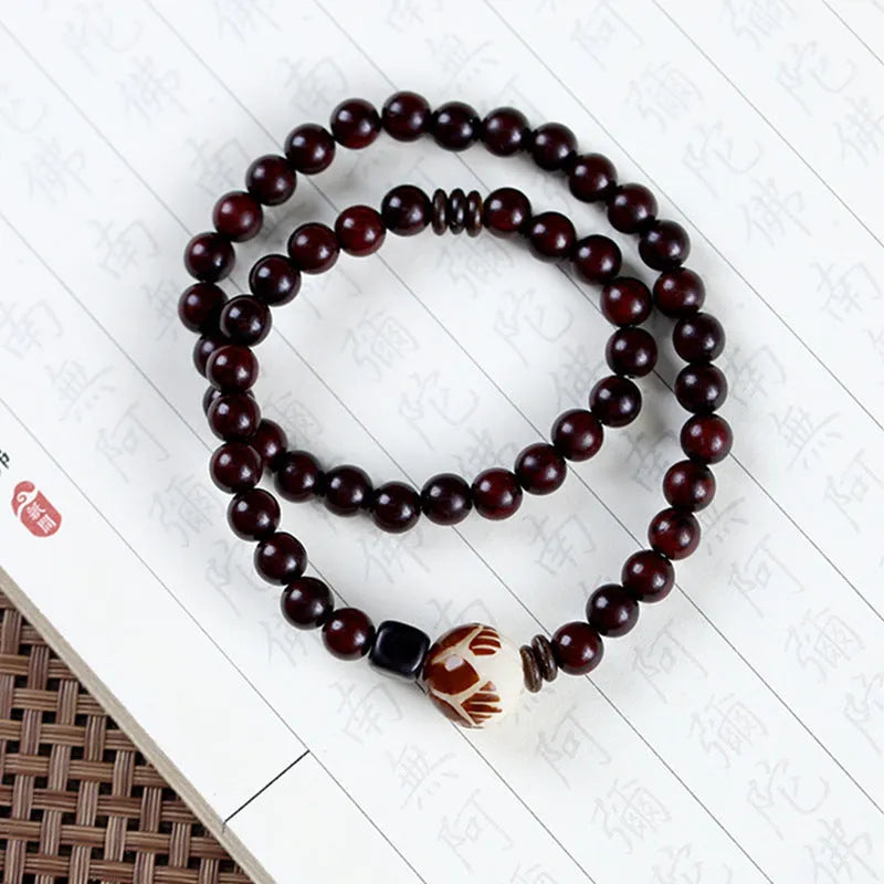 Natural rosewood double-ring bracelet with 10mm flower beads and retro knitting construction