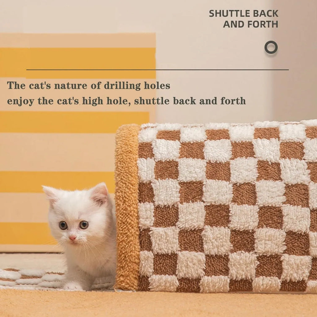 Plush plaid cat tunnel bed with central sleeping mat and non-slip bottom for indoor cats