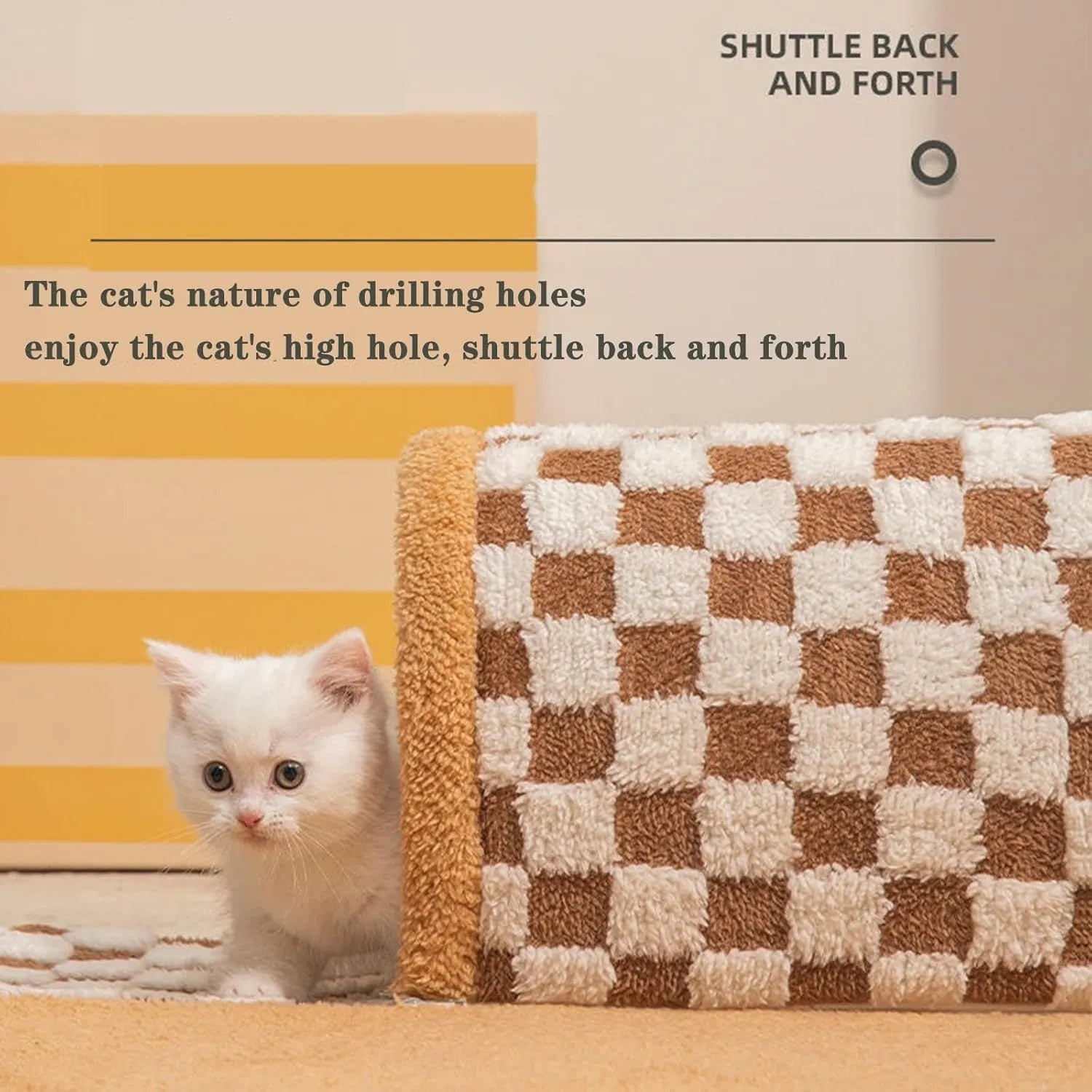 Plush plaid cat tunnel bed with central sleeping mat and non-slip bottom for indoor cats