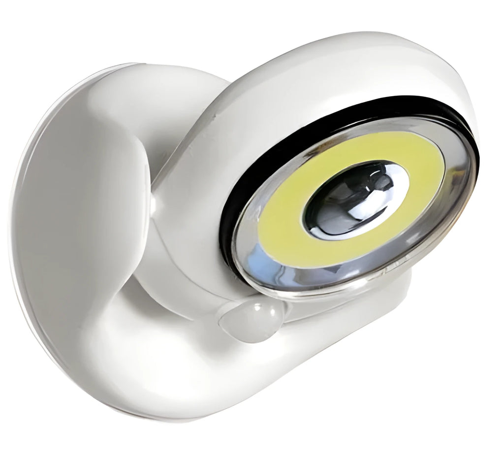 White Atomic Angel induction light with ABS plastic housing measuring 13.3 by 9.8 by 15.8 centimetres
