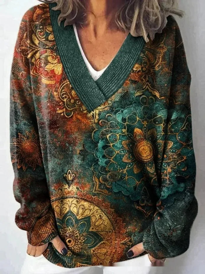 Women's V-neck long sleeve sweatshirt with a full-coverage 3D floral printed pattern in an art retro style.