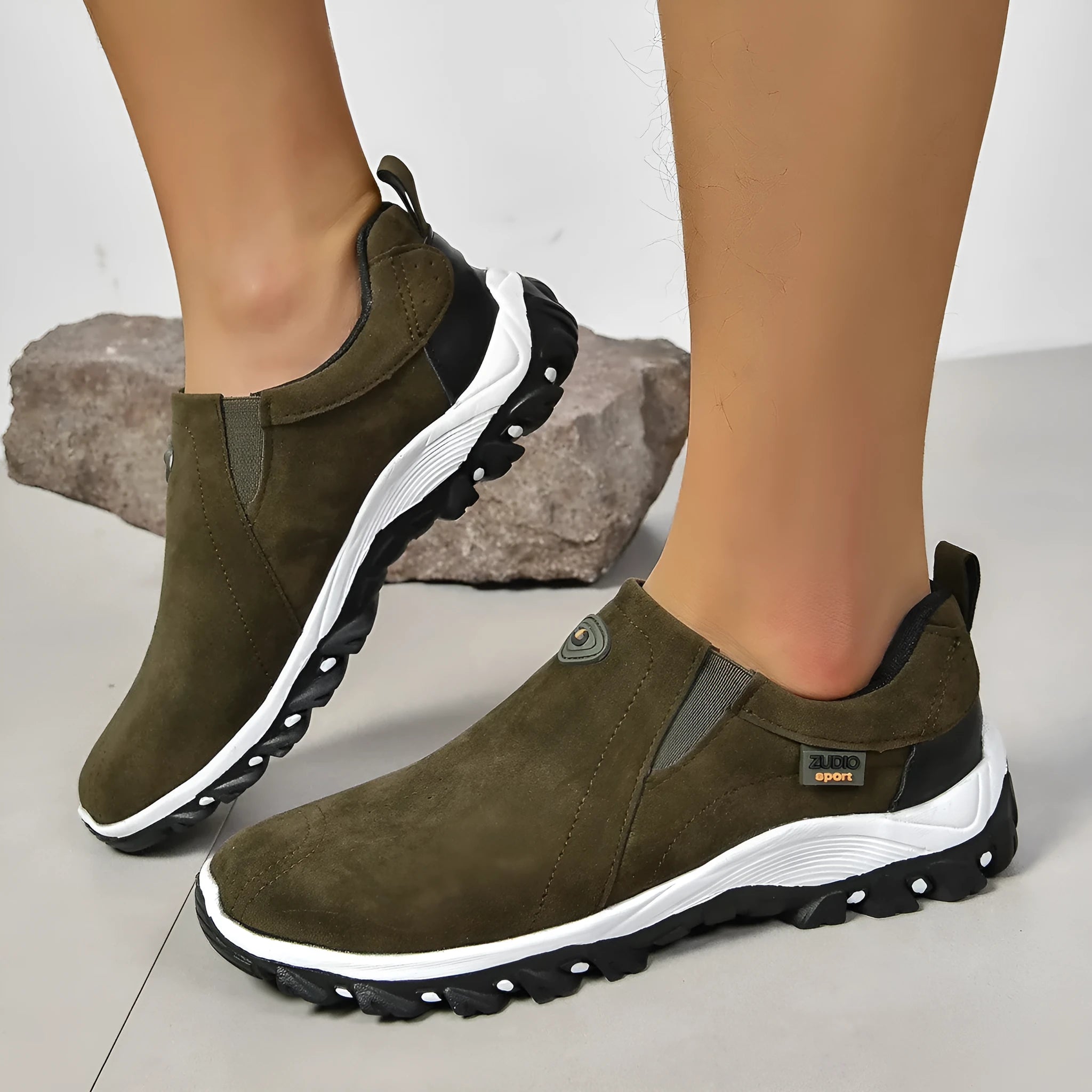 Men's grey round head oversleeve shoes with a shallow mouth and rubber sole.