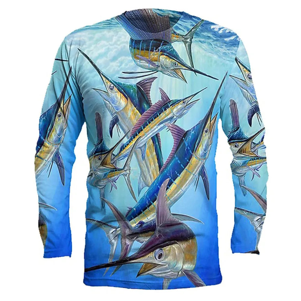 Man wearing a long-sleeved milk silk pullover with a blue and white fish print design.