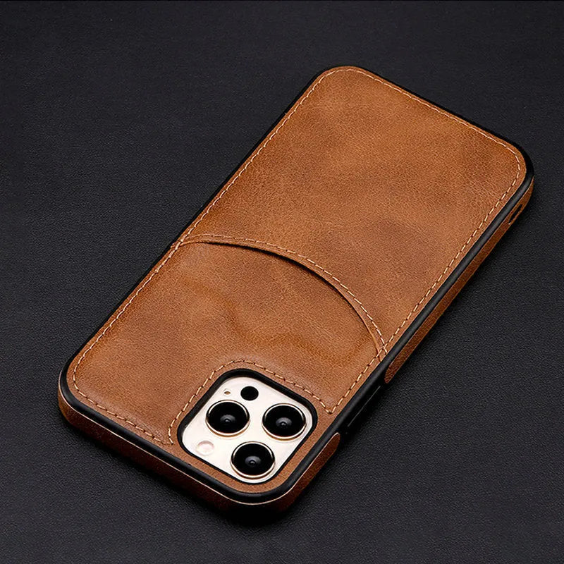 Dark blue PU leather protective iPhone case showing front and back views