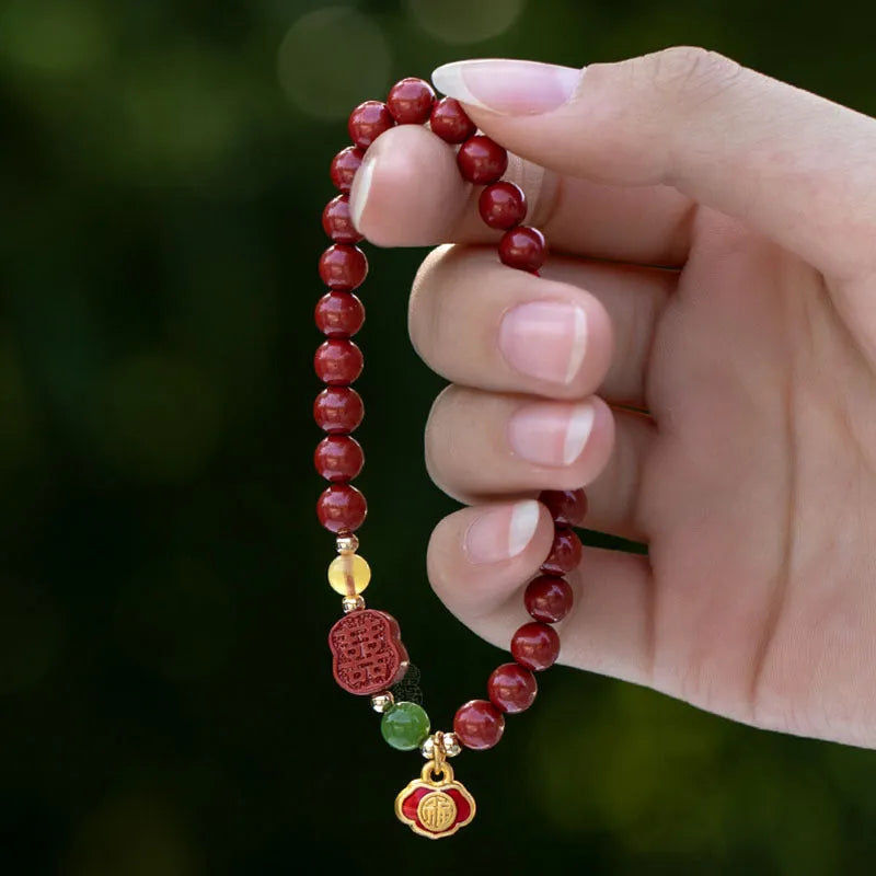 Emperor Sandstone colour cinnabar bracelet with Fu character, showing 6mm and 8mm bead size options.