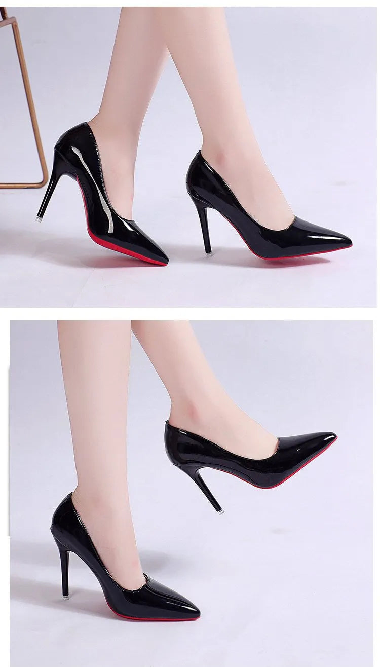 Solid colour women's pointed toe stiletto heel pump shoe in a choice of apricot, black, pink, or white.