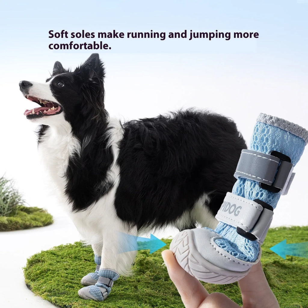 Pair of blue cartoon-style dog shoes made from PU material for summer paw protection.