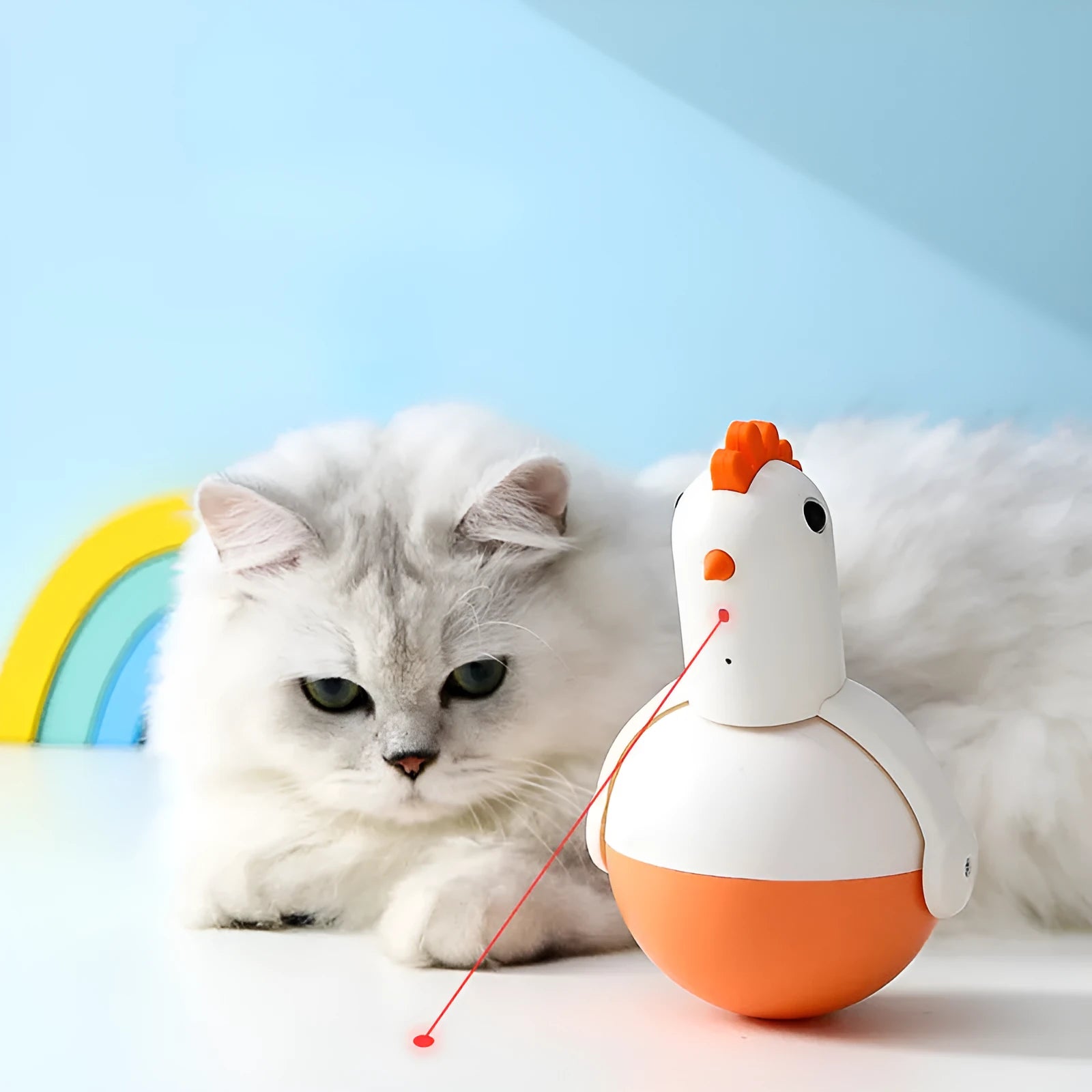Green and orange electric cat toy chicken with laser sound and infrared sensor features