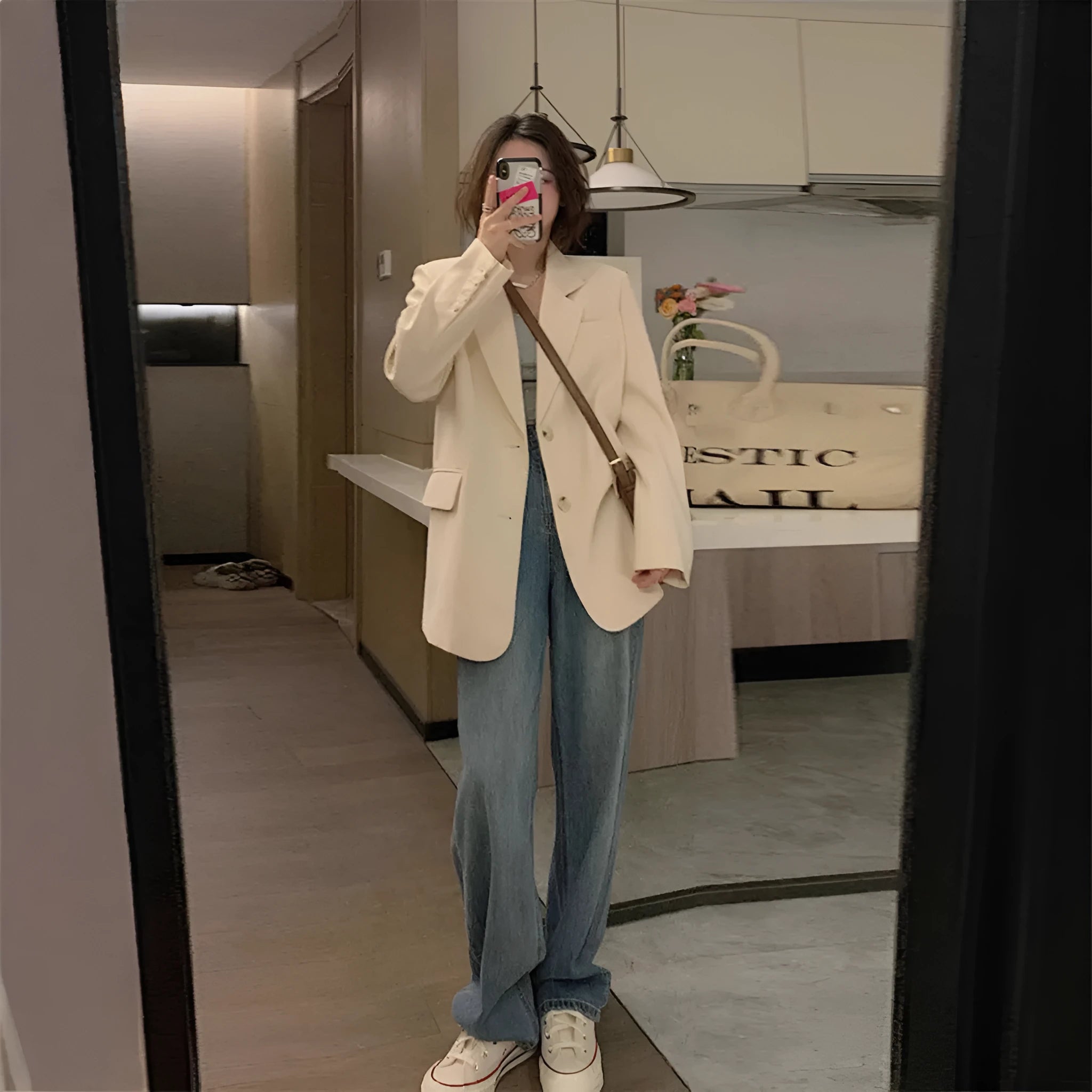 Korean-style women's solid colour blazer jacket with pockets in milky white, black, or brown options