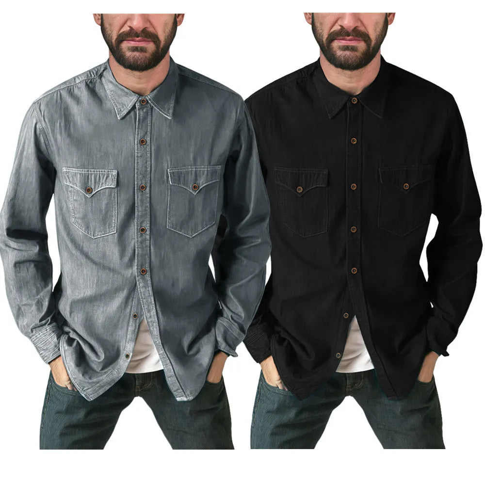 Cotton denim cardigan coat shown in khaki, available in multiple sizes from S to 3XL