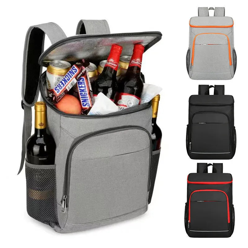 Large black outdoor thermal insulation backpack with curved shoulder straps shown open to reveal compartments