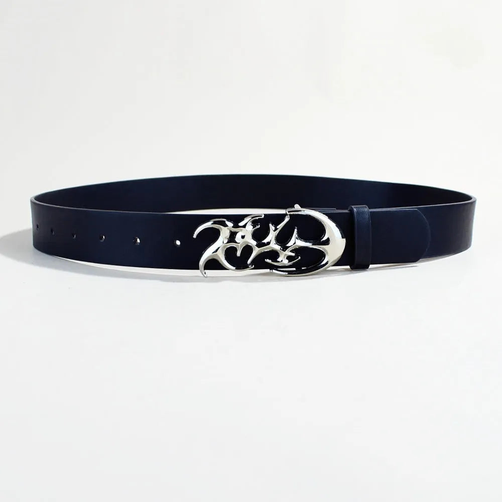 Casual silver buckle belt with snap button closure on PU leather strap
