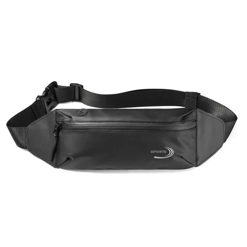 Men's black sports waist bag made from water-resistant Derm Oxford polyester, showing 45cm wide compact design