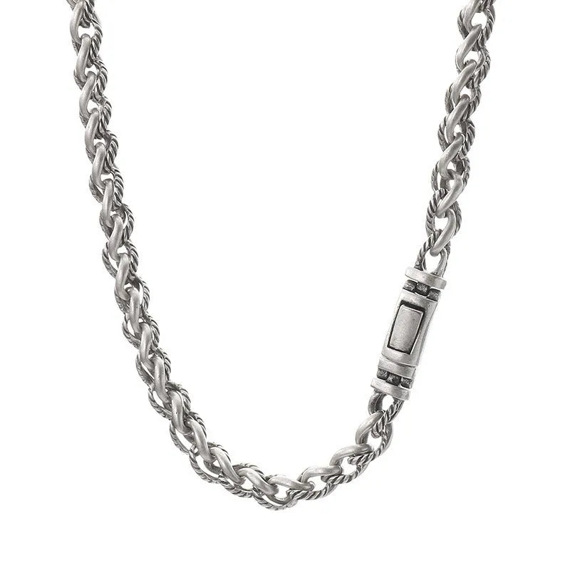 Men's titanium steel keel chain necklace with geometric twist and hemp flowers chain in antique silver.
