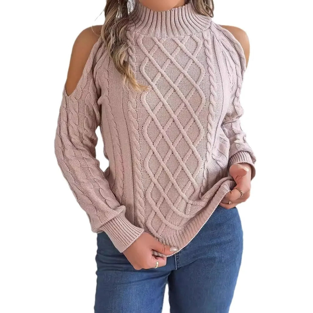 Gray women's acrylic sweater with a twisted knit pattern, half-high collar, and long lantern sleeves on a hanger.