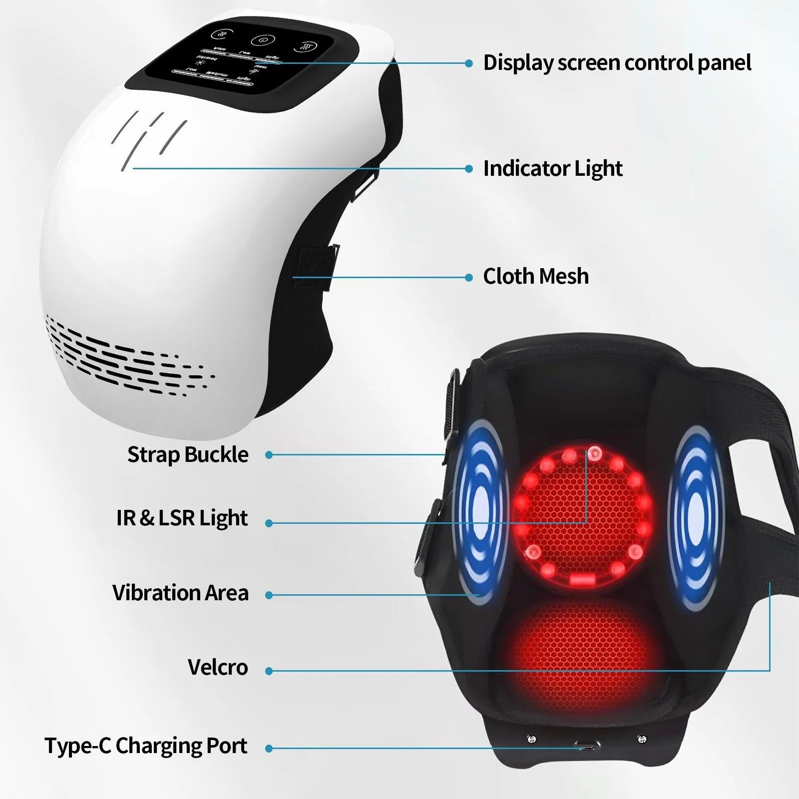 White electric knee massager unit showing controls, padding, and USB charging port.