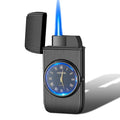 Multifunctional metal electronic lighter with watch display and LED flash lamp in black brushed finish.