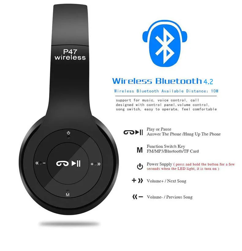 P47 wireless gaming headset in black with Bluetooth 4.1 stereo sound and 5-6 hour battery life