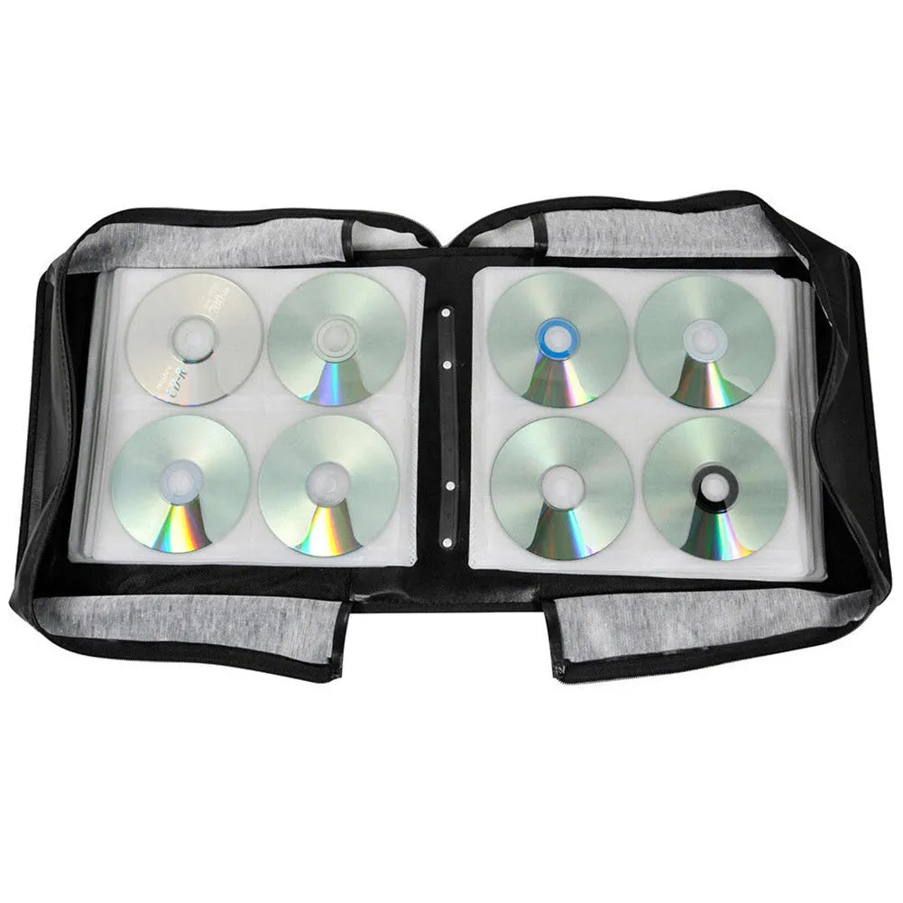 Black Oxford fabric CD DVD storage organiser bag with top carry strap and zipper closure