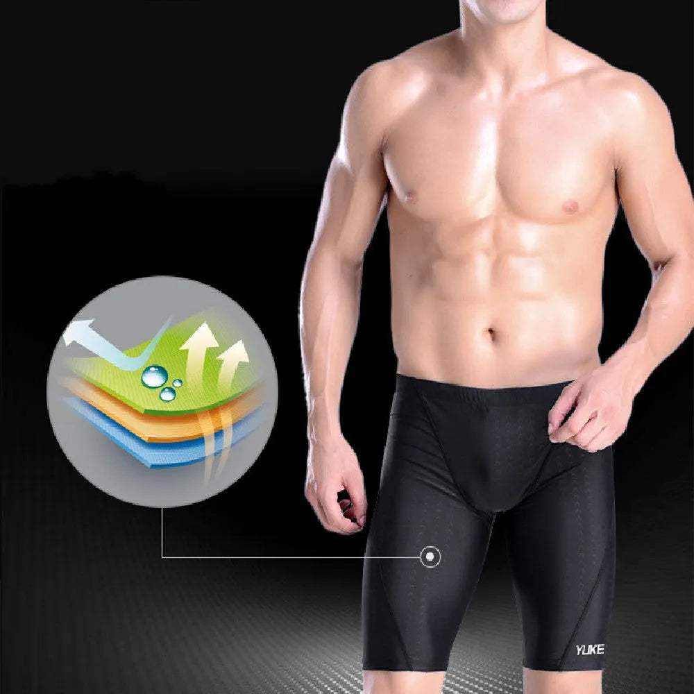 Men's black polyester swimming set with anti-fog goggles, waterproof cap, ear plugs, and swim bag