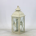 European wrought iron floor lantern with tempered glass in black gold or white gold finish, shown in small, medium, and large sizes.