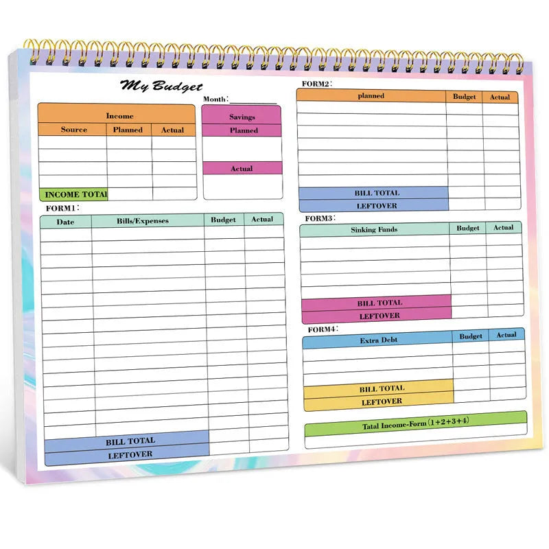 B5 size spiral bound budget tally book with a PP cover, open on a table.