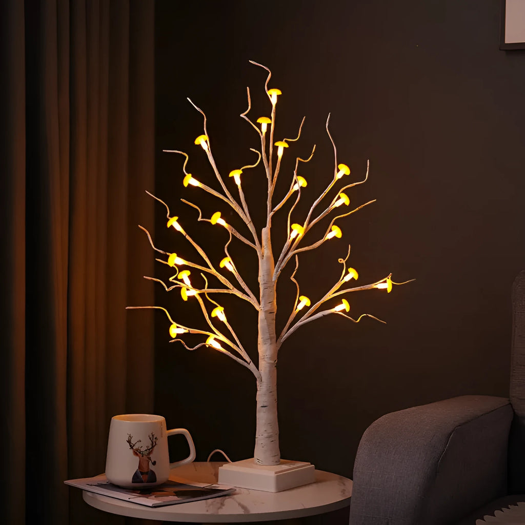 60cm tall mushroom tree lamp with birch trunk and 24 detachable mushroom flowers emitting warm white light
