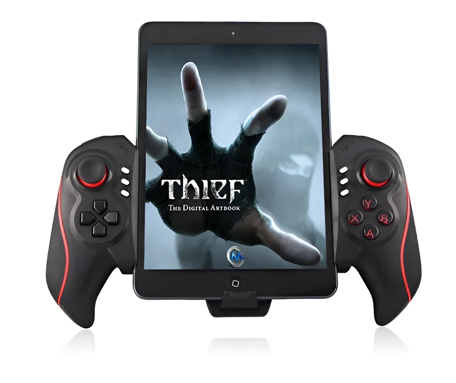 Wireless telescopic mobile game controller extended with phone inserted, showing buttons and adjustable grip