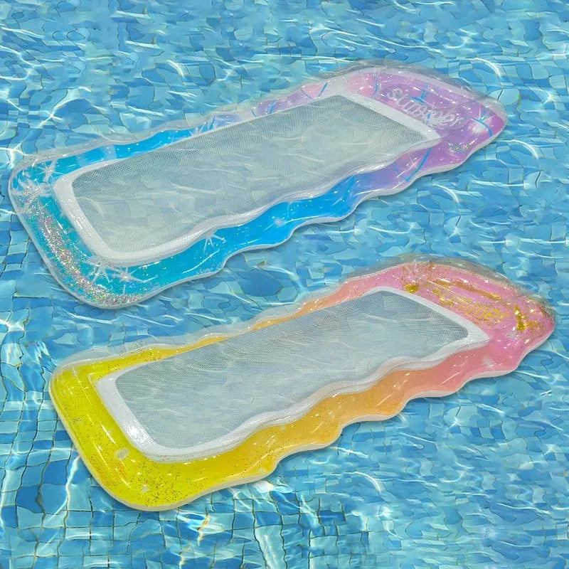Colourful inflatable PVC floating row with sequin designs and canopy option on pool water.