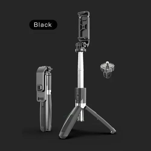 Black Bluetooth selfie stick tripod extended with smartphone mounted, wireless remote control shown