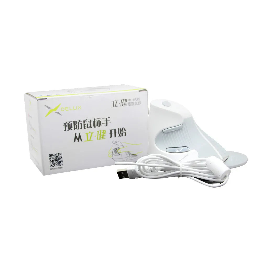 Black and white wired vertical ergonomic mouse for desktop computers on a desk.
