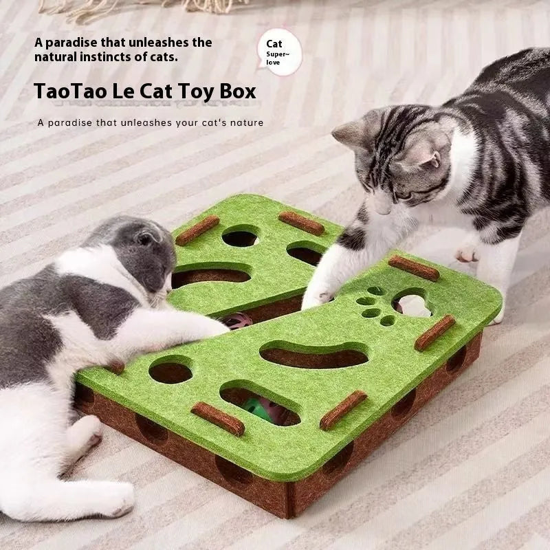 Green brown felt cube cat toy measuring 30cm square with a hole in the centre.