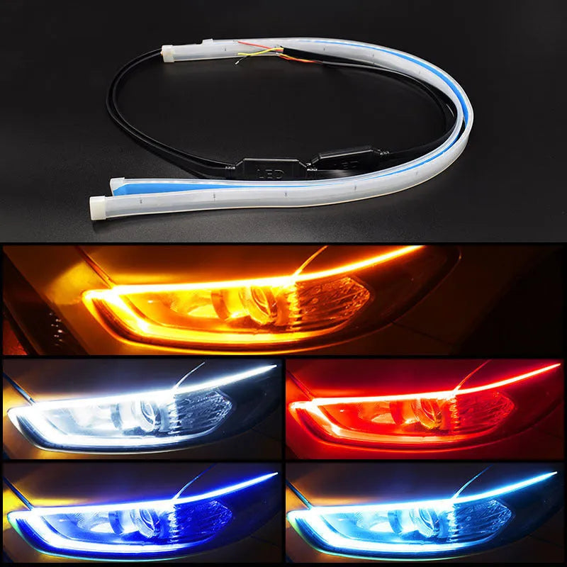 Flexible silicone car LED light strip for daytime running lights and turn signals.