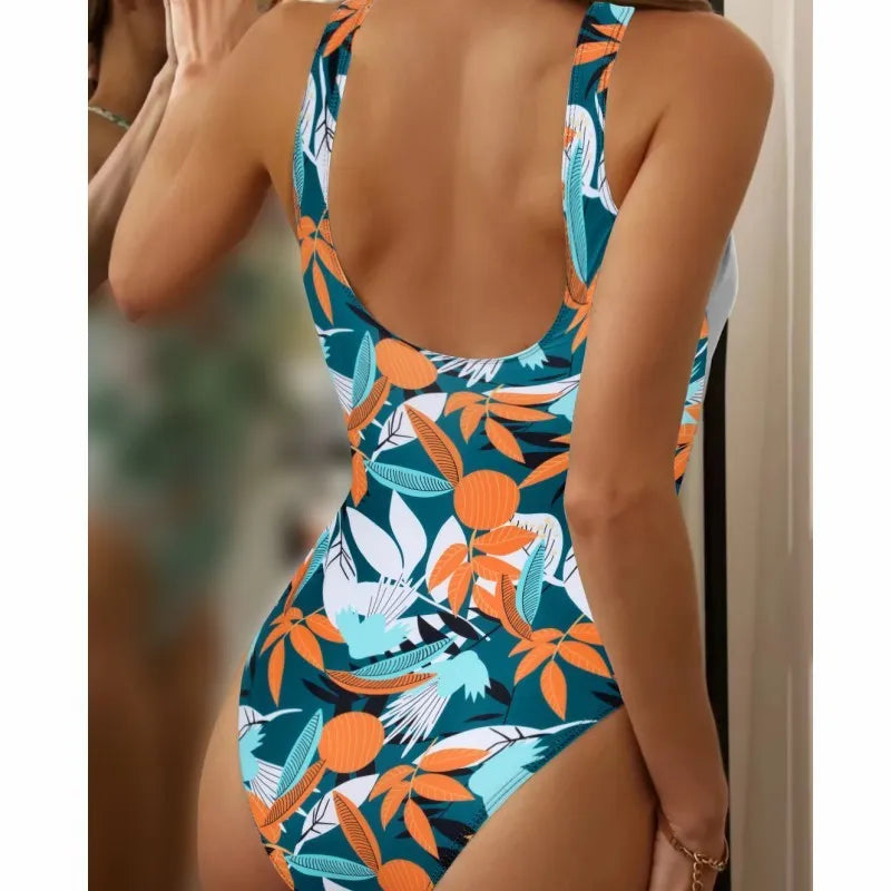 Women's high-waist one-piece bikini swimsuit in printed polyester fabric