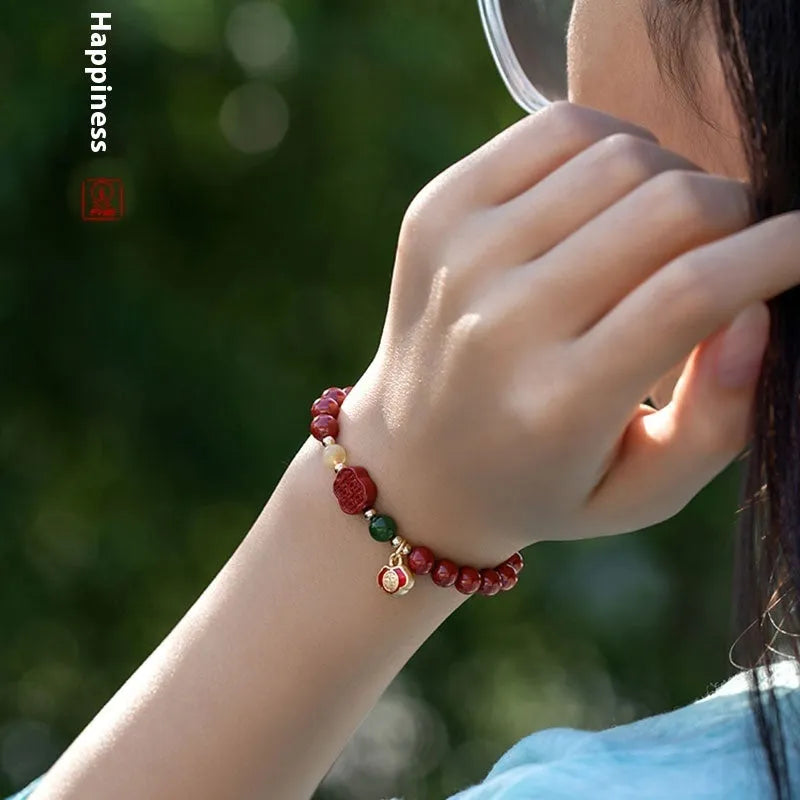Emperor Sandstone colour cinnabar bracelet with Fu character, showing 6mm and 8mm bead size options.