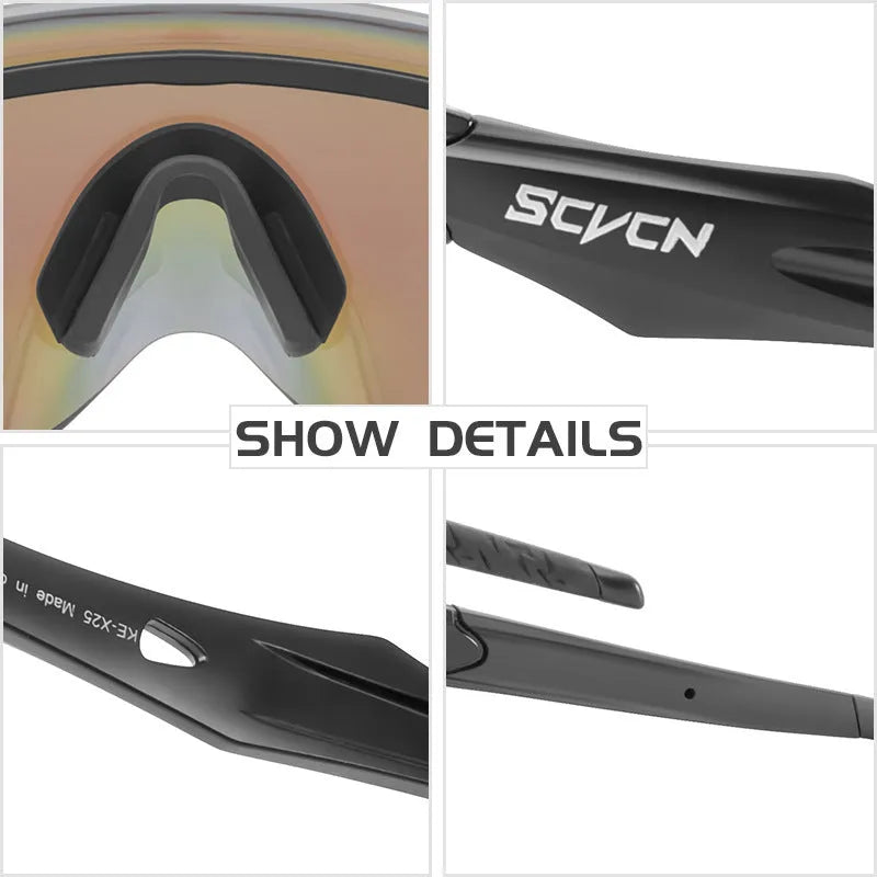 Frameless windproof sports goggles with a colourful integrated lens on a neutral background.