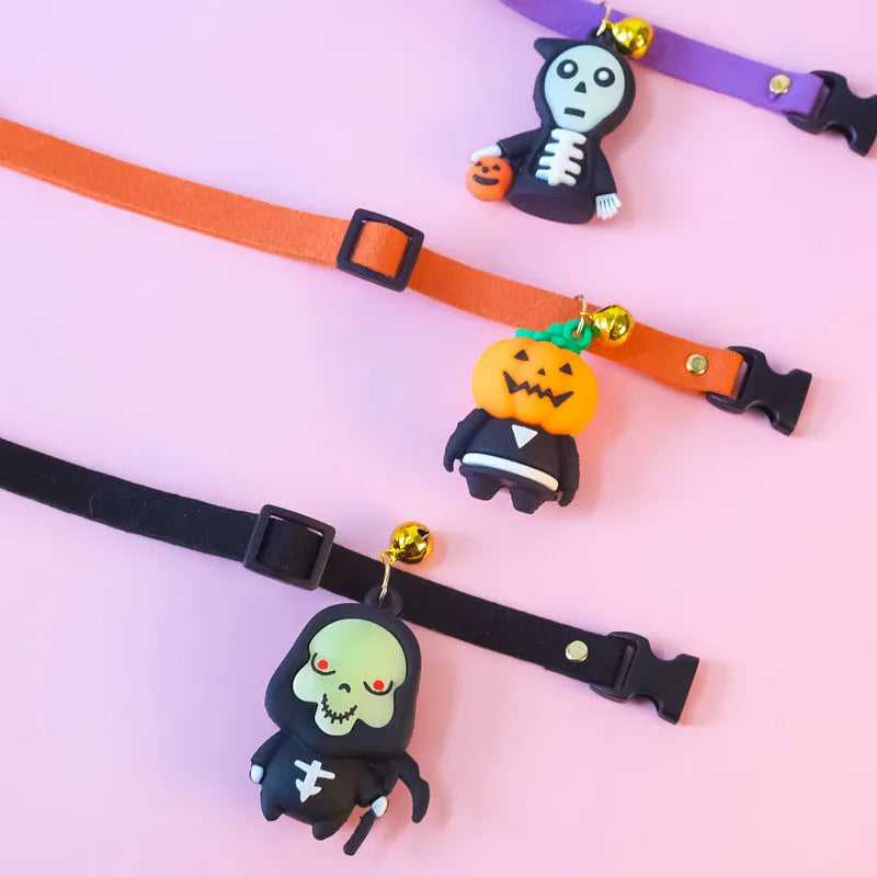 Halloween dog collar with luminous cartoon patterns in Pumpkin Man, Luminous Brat and Luminous Skull designs