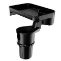 Black rotating car tray holder with detachable plate mounted in vehicle cup holder