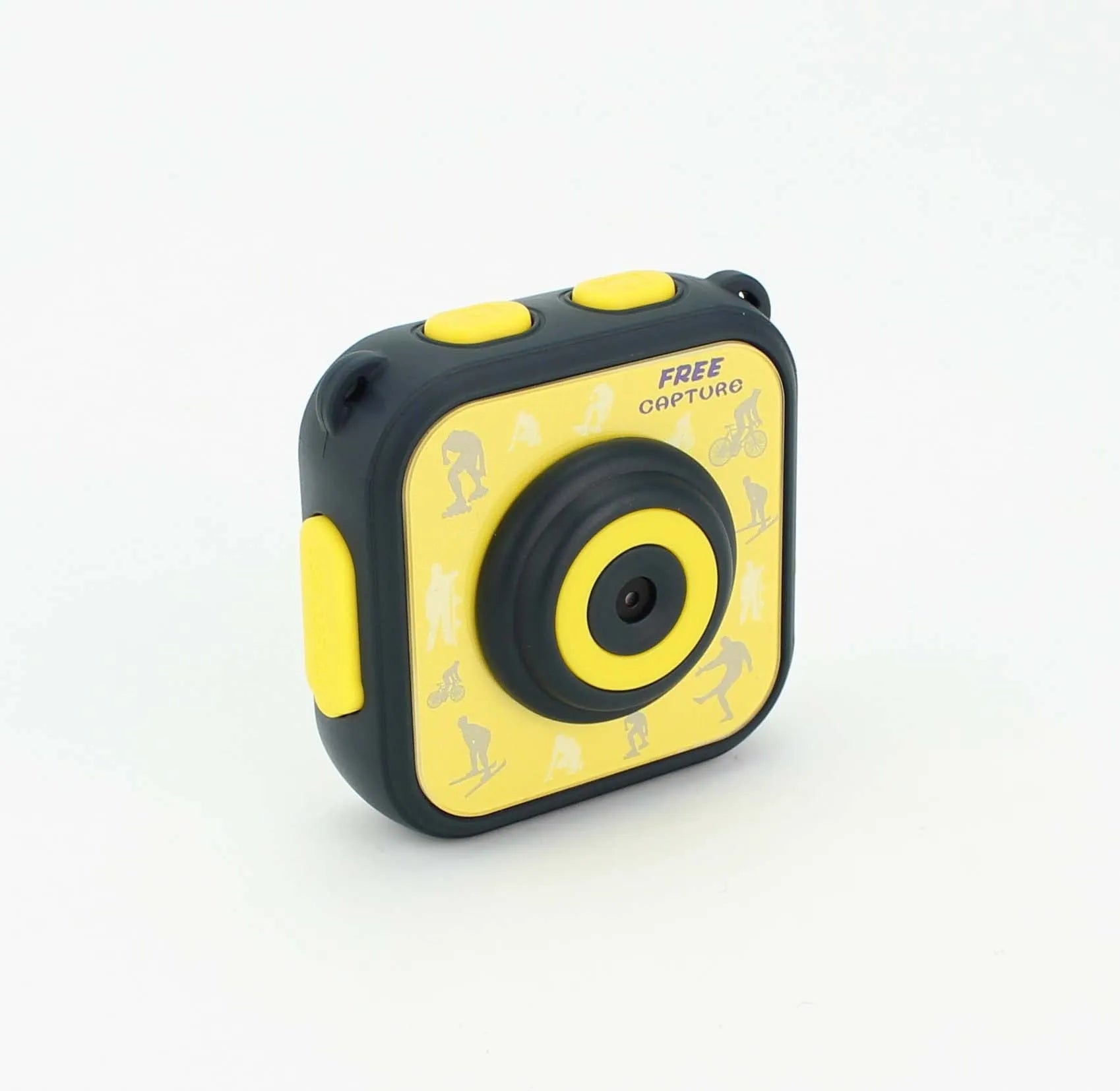 Yellow children's waterproof sports camera showing 1.77-inch LCD screen and compact 60mm design