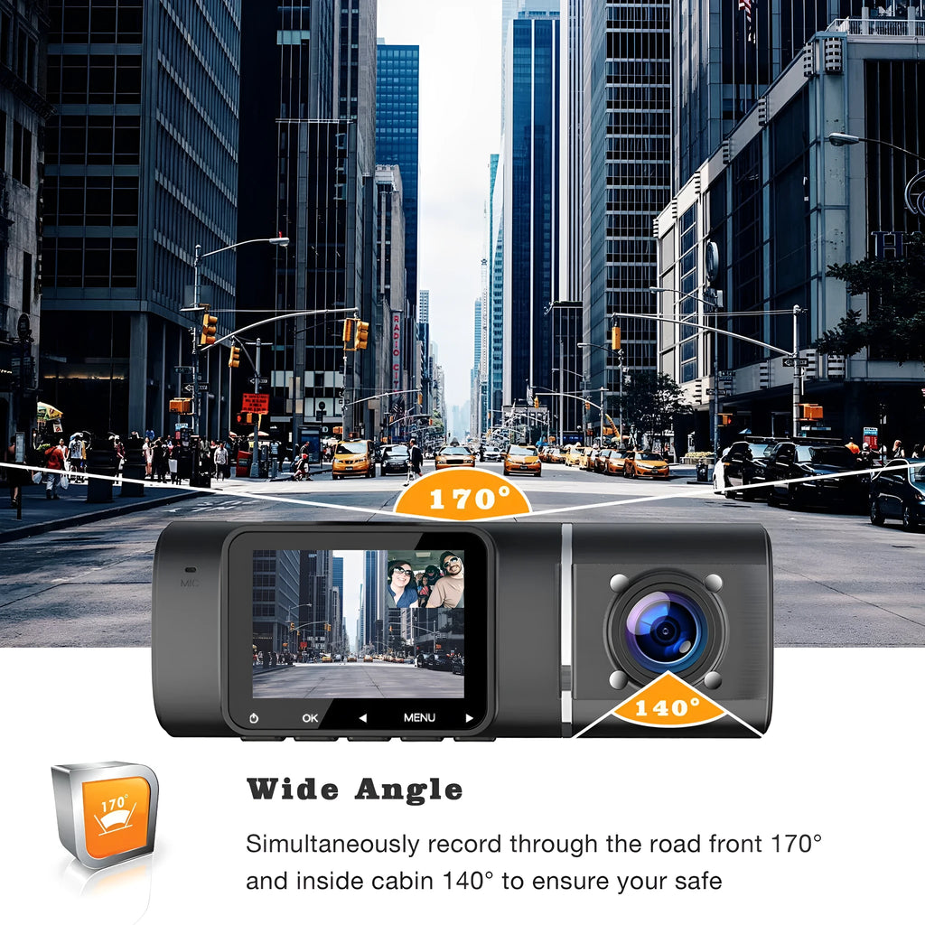 Black dashboard camera mounted on car windscreen showing dual recording capability