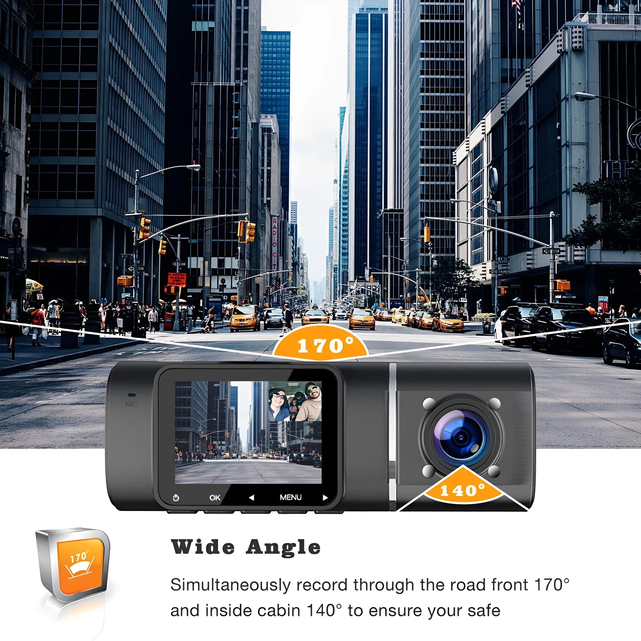 Black dashboard camera mounted on car windscreen showing dual recording capability