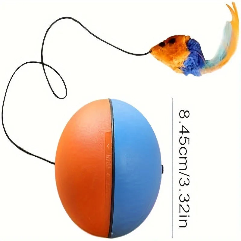 Blue and orange interactive cat toy ball with plush mouse attachment for indoor feline exercise