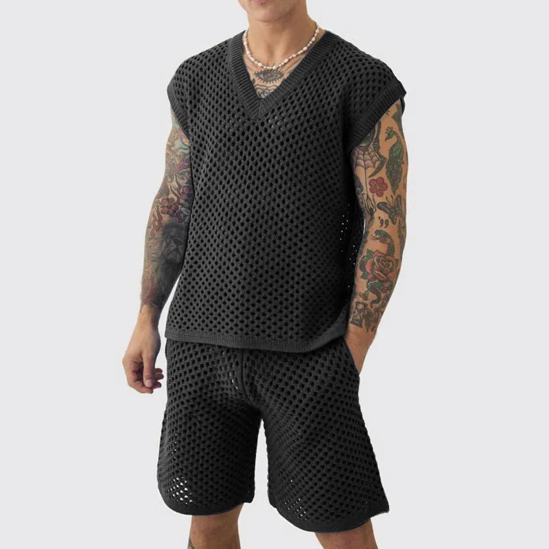 Men's blue V-neck sleeveless vest and matching shorts sports suit on hanger