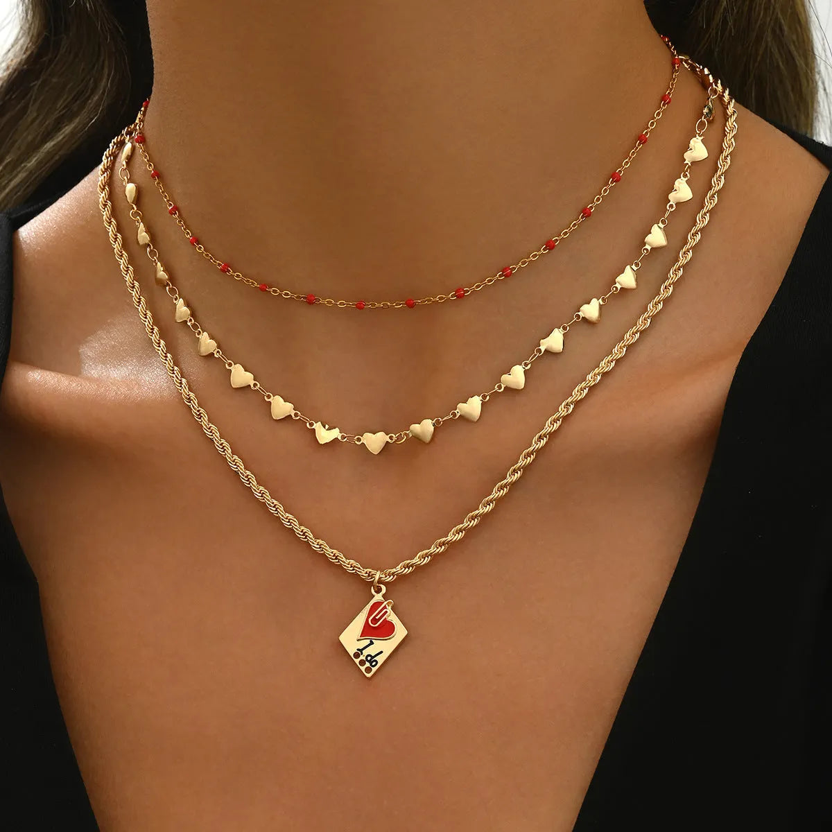 Three-layer zinc alloy clavicle chain necklace with geometric heart pendant, adjustable 41-50cm length