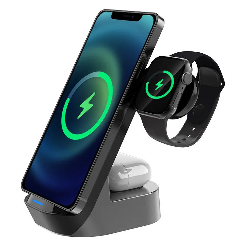 Black grey foldable 3-in-1 wireless charging vertical stand for mobile phone, Apple Watch and earbuds case